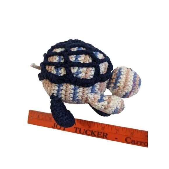 Hand Crocheted Yarn Blue tan  Turtle Plush Stuffed Animal Rattle  6in - Picture 8 of 8